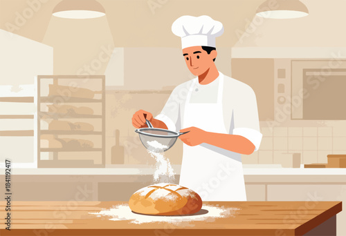 Baker in white attire, dusting a fresh loaf of bread with flour in a well-lit kitchen