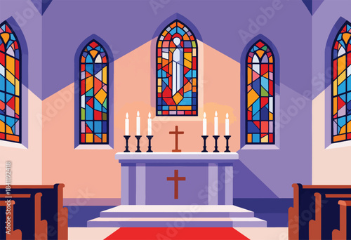 Interior illustration of a church with colorful stained-glass windows, lit candles, and crosses