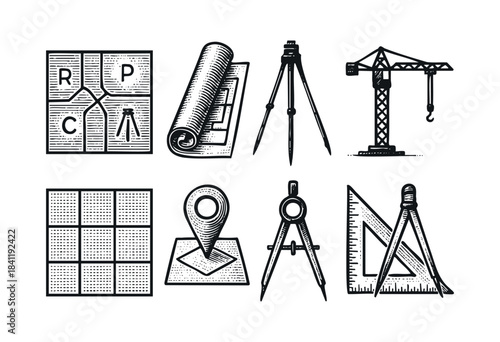 A collection of hand-drawn vintage icons representing architecture, construction, engineering, and planning tools and concepts, isolated on white background — stock vector.