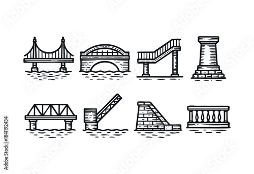 A collection of diverse bridge architectural icons, including suspension, arch, truss, and drawbridge designs, rendered in a minimalist line art style on a white background — stock vector.
