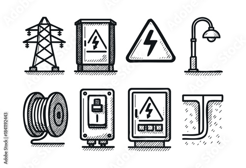 A collection of sketch-style icons depicting various electrical power and energy infrastructure components, isolated on a white background — stock vector.