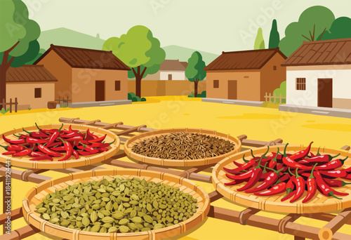 Vibrant illustration of a rural scene featuring spice-filled trays drying in the sun, with huts in background