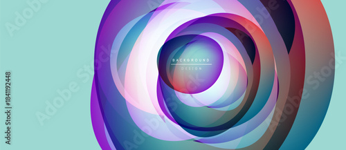 Abstract colorful circles create dynamic vortex. Light layers overlap, forming modern background design. Turquoise fills space around central form.