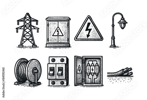 A collection of sketch-style icons depicting various electrical power and energy infrastructure components, isolated on a white background — stock vector.
