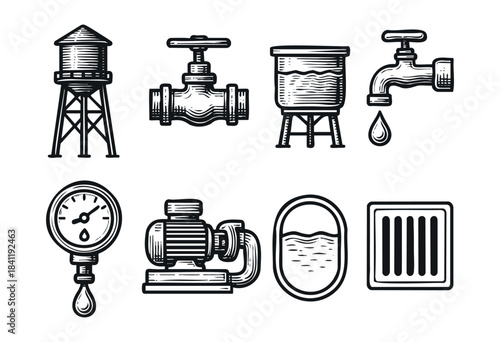 A collection of hand-drawn vintage style icons representing various elements of water supply, plumbing, and drainage systems, including a water tower, valve, faucet, and pump — stock vector.