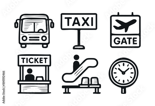 A collection of doodle-style vector icons representing public transport and travel elements, including a bus, taxi, airport gate, ticket booth, escalator, and clock — stock vector.