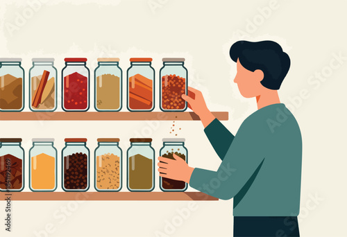 A person reaches for a jar of spices in a kitchen cabinet, various filled jars line the shelves