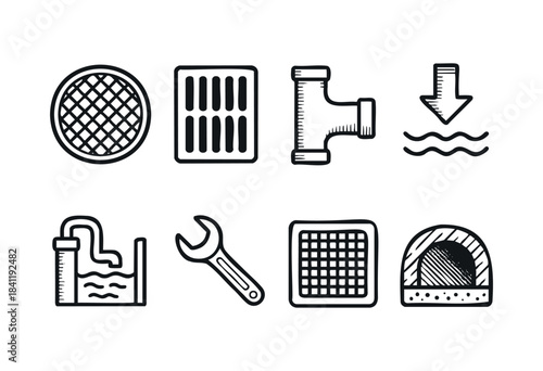 A collection of hand-drawn icons representing various plumbing, drainage, and water utility elements, including pipes, grates, wrenches, and water flow symbols — stock vector.