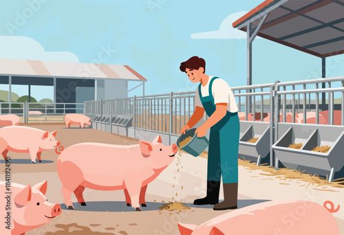 An illustration shows a farmer feeding pigs in a farm pen with feeders and shelter on a sunny day