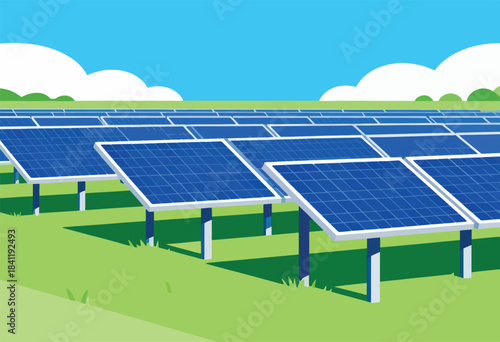Illustration of a solar farm with rows of blue panels set on green field under a clear sky