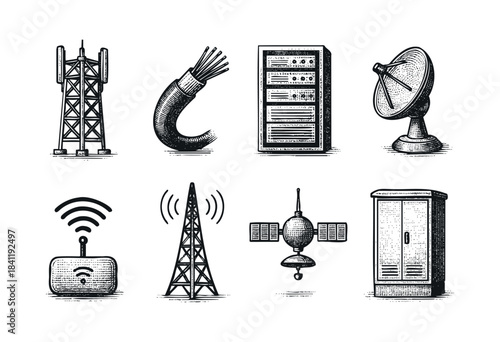 A collection of hand-drawn, engraving style icons depicting various essential telecommunication and network technologies, including towers, cables, satellites, and routers — stock illustration.