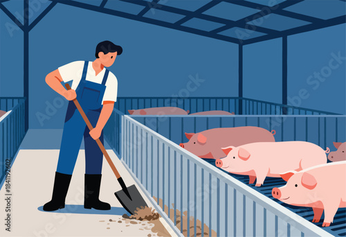 A farmer in overalls cleans a pigpen with a shovel. Several pink pigs are visible behind the fence