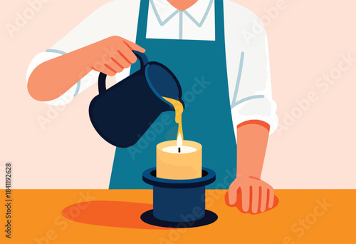 An illustrated person in a white shirt and blue apron pours liquid from a dark pitcher onto a lit candle