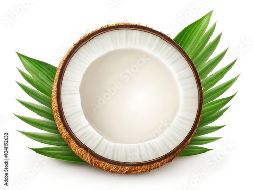 Half Coconut with Green Palm Leaves Isolated on White Background