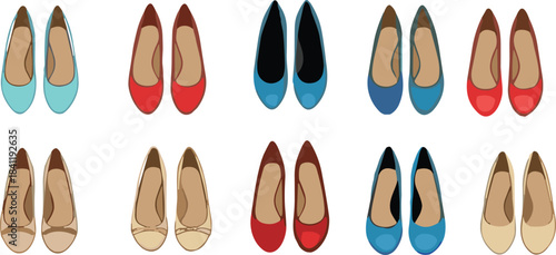Women's flat shoes collection, colorful footwear, fashion accessories, stylish pairs, casual design, trendy styles, wardrobe essentials, vector illustration set