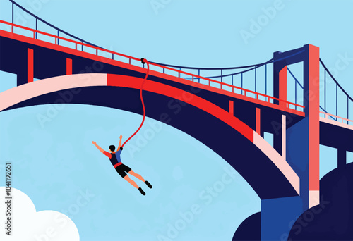A person, connected by a bungee cord, plunges from a stylized bridge. The design features geometric shapes