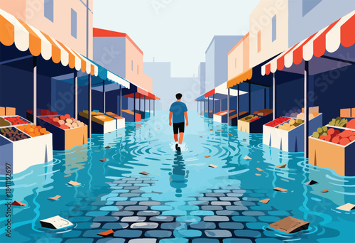 A person walks through a flooded marketplace with fruit stalls, showcasing urban water damage
