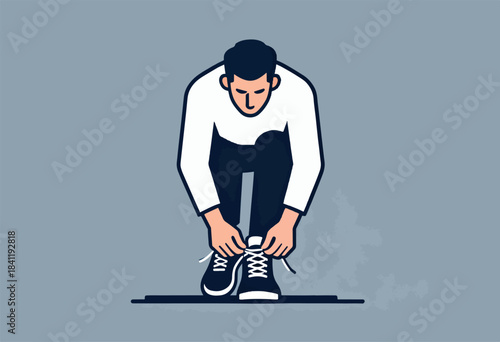 A stylized person in white and black attire, crouched tying running shoes on a gray platform. Knees bent