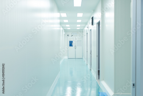 Modern lab laboratory corridor food factory production line, Bright sterile light green flooring soft white walls multiple open doors, Clean room quiet atmosphere industrial facility quality interior.