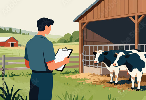A farmer examines dairy cows.  A barn, a red structure, and rolling hills complete the rural scene