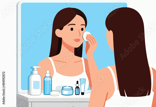 Woman cleanses face in front of mirror with skincare products visible on a shelf. She is wearing a white tank top
