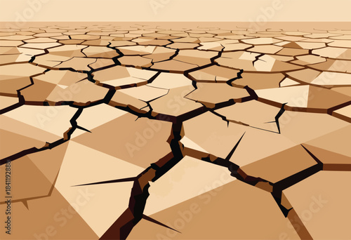 A graphic, perspective view of cracked, parched earth in shades of brown, indicating dryness