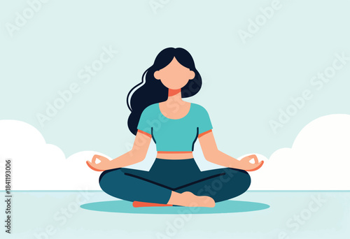 A woman in teal clothing sits in the lotus position, meditating with a serene expression, against a cloud backdrop