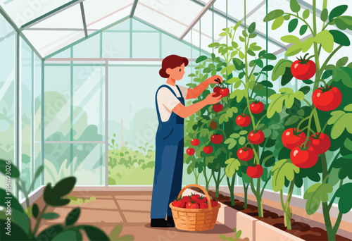 A person picking tomatoes in a sunlit greenhouse. A basket of harvested tomatoes is on the ground. Green plants