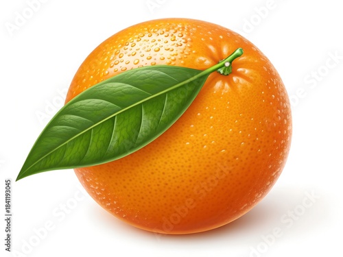 Fresh Whole Orange with Green Leaf Isolated on White Background
