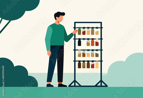 A man in green sweater inspects jarred contents on a rack, framed by stylized trees and grassy ground