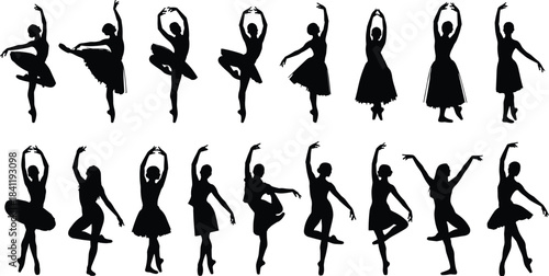Ballet dancer silhouette illustration set, elegant poses, dance movement, black vector artwork, performance theme, white background