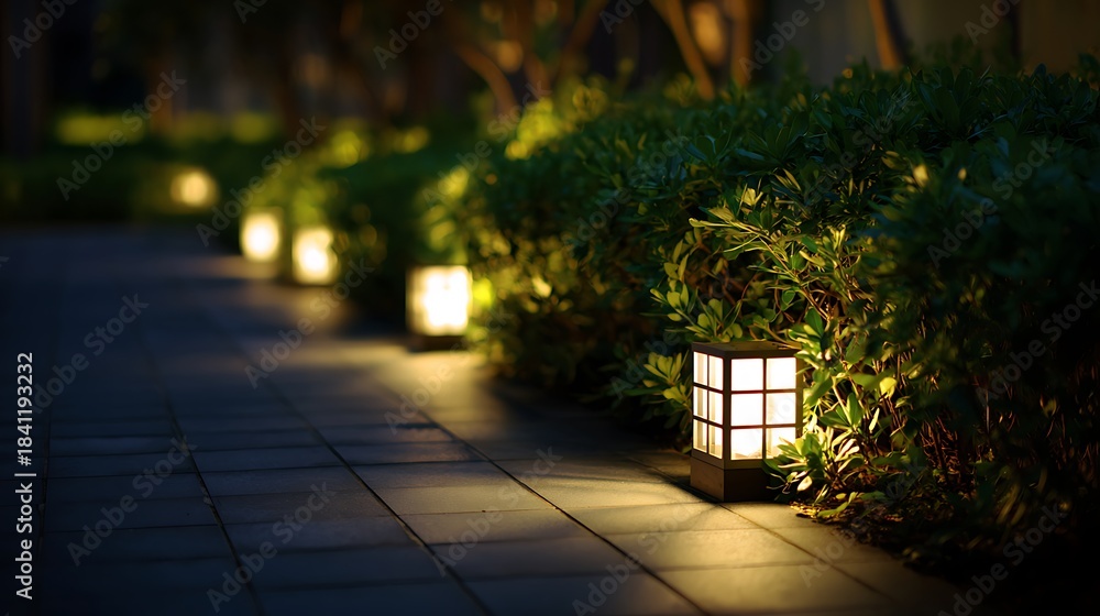 Fototapeta premium Row of Outdoor Garden Lights Illuminating a Stone Path at Night