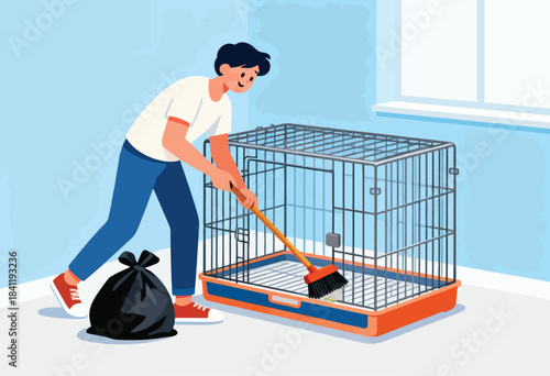 A person cleans a pet cage with a broom, a garbage bag at the side. The scene is inside a room
