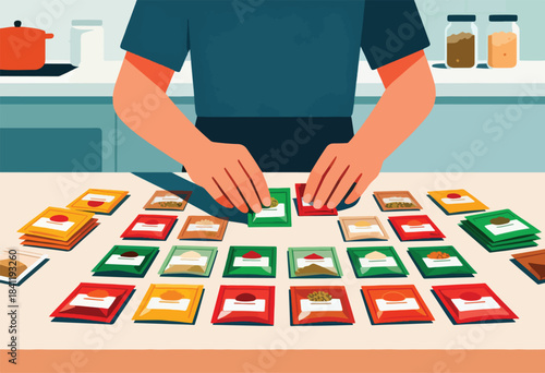 Person in kitchen prepares ingredients from packets. Spices and sauces are arranged for cooking. Jars on shelf