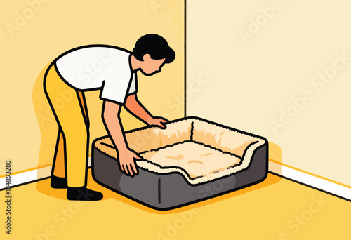 Illustration depicts a person setting up a dog bed in a room. The bed is placed at a corner, surrounded by soft walls