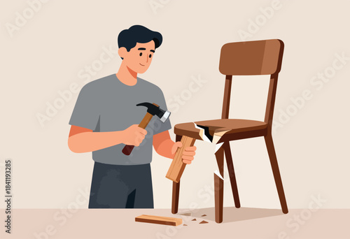 A man uses a hammer to fix a damaged chair. Wood pieces lie below as he prepares for carpentry