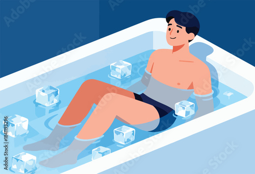 An illustration shows a man relaxing in an ice bath, water and ice cubes with a blue background