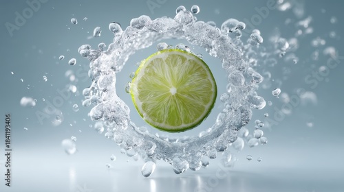 Lime wedge framed by icy splash ripple on cool background texture