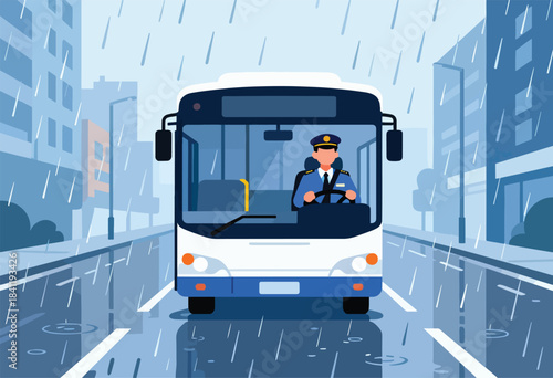 An illustrated bus drives through a rainy city, a uniformed driver at the wheel. Buildings frame the scene