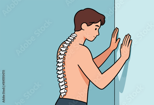 Illustration depicts a person, with spinal column visible, hands on a wall, and a light blue background