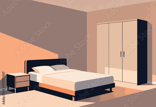 Minimalist bedroom illustration with bed, nightstand, and wardrobe in muted earth tones, soft light