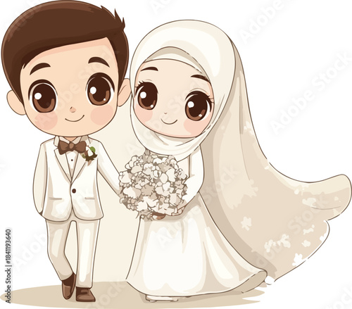 Wedding couple illustration featuring bride and groom with rings, dress, and bouquet celebrating their marriage