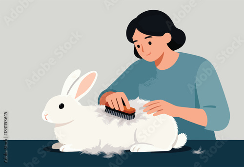 An illustration depicts a person gently brushing a white rabbit.  Rabbit shedding fur.  Calm scene, soft colors