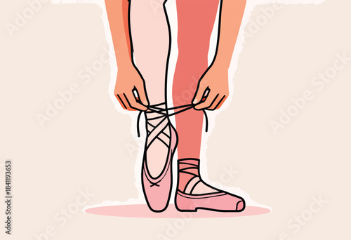 A ballet dancer, leg and feet in pink and peach hues tying ballet slippers. Illustration style