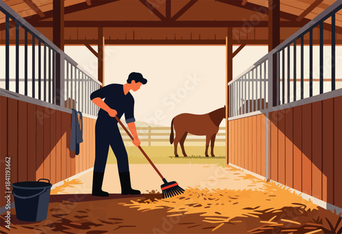 A man in a stable sweeps the floor, with a horse in the background. Stable, work, and sunlight are featured