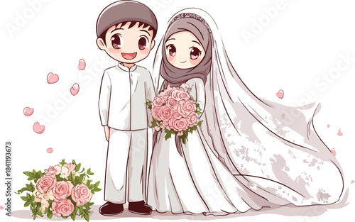Cartoon vector illustration of a loving married couple, the bride in an elegant white dress holding a pink flower bouquet