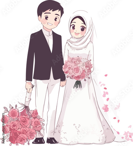 Bride and groom with a bouquet, a beautiful wedding couple celebrating their love and marriage ceremony