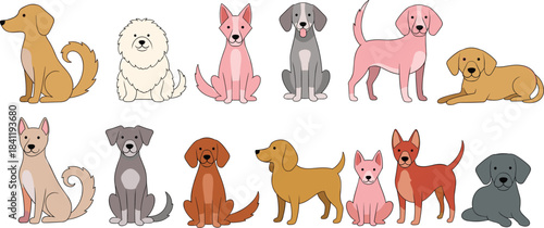 Cute vector illustration set featuring various cartoon dog breeds in different colors, poses, and expressions, perfect for pet-themed designs and creative projects