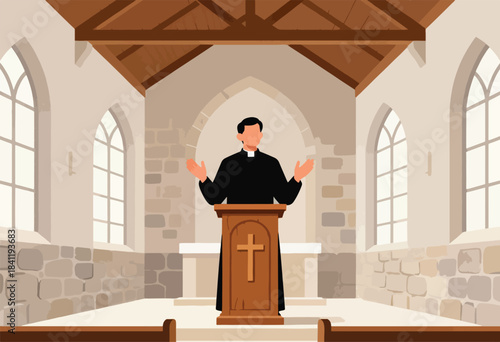 Illustration of a church interior with a priest at the podium. Sunlight streams through the windows