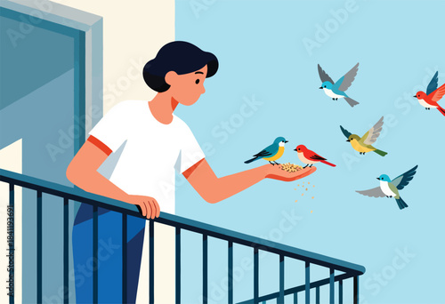 A person on a balcony is feeding colorful birds seeds. Some are eating from the hand, some are flying